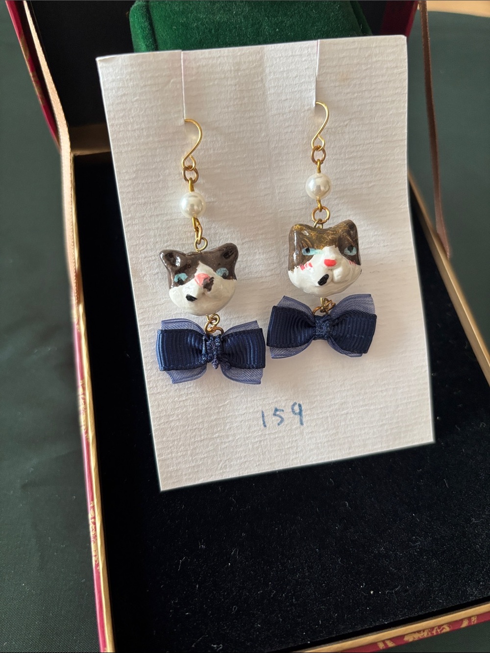 Handmade Cat Face Drop Earrings with Navy Bows